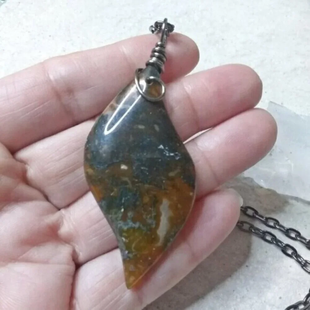 Semi-Translucent Dendritic Agate Flame Pendant + Chain! Dark, Masculine + Broody